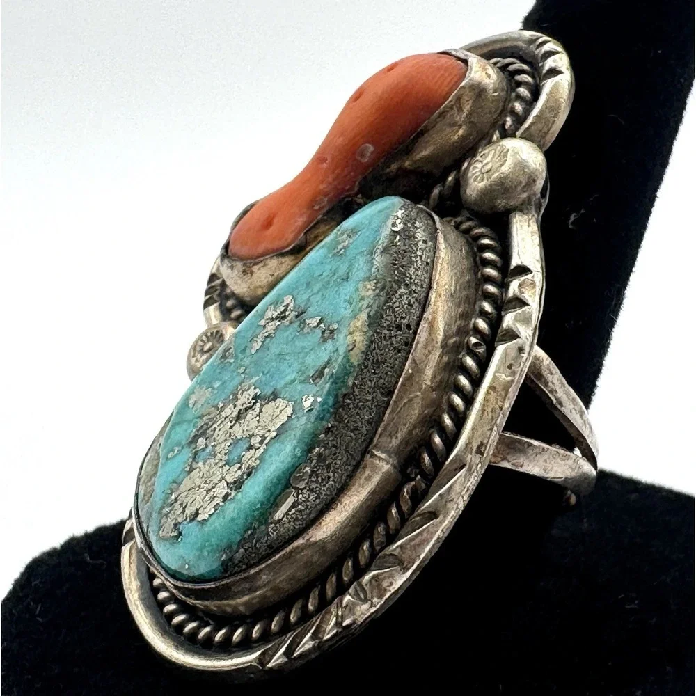 Navajo Sterling Silver Turquoise Coral Ring Size 10 Vintage c1960s 20g
